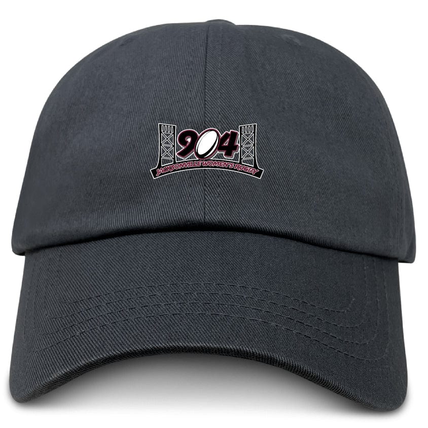 The Jacksonville Women’s Rugby Adult Low-Profile Cotton Twill Dad Cap by EMB S&S Activewear features a black cotton twill design with an embroidered "904" logo, two bridge towers, and “Jacksonville, Florida’s Podcast” on the front.