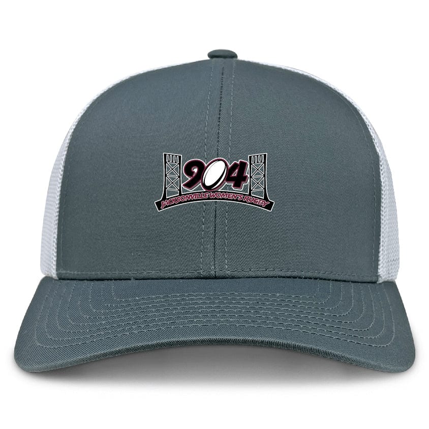 The Jacksonville Women's Rugby Retro Trucker Cap by EMB S&S Activewear features a gray and white polyester-cotton blend, mesh back, snapback closure, and front embroidery: "904" with bridge towers and "Jacksonville Florida's Finest.