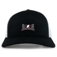 The Jacksonville Women's Rugby Retro Trucker Cap by EMB S&S Activewear features "904" and a bridge graphic on the black-and-white front, crafted from a comfy poly-cotton blend with classic snapback closure.