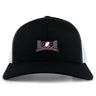 The Jacksonville Women's Rugby Retro Trucker Cap by EMB S&S Activewear features "904" and a bridge graphic on the black-and-white front, crafted from a comfy poly-cotton blend with classic snapback closure.
