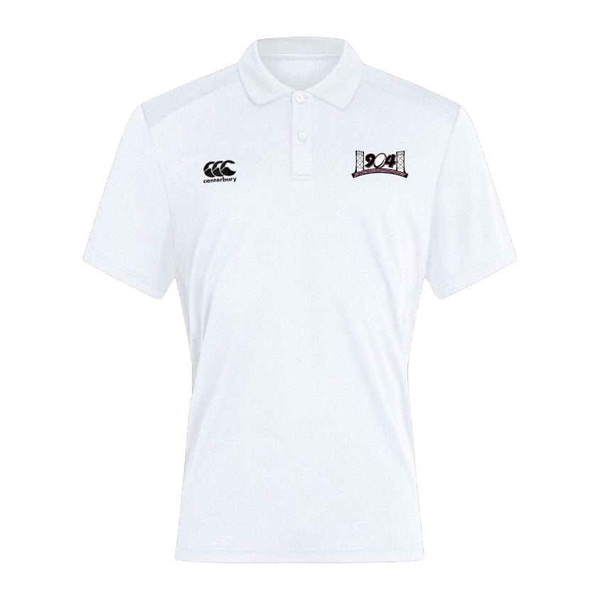 A white Jacksonville Women's Rugby Club Dry polo shirt by EMB Canterbury, featuring Vapodri Technology, a short-sleeve design, the Canterbury logo on the right chest, and an embroidered emblem of a rugby ball and goalposts on the left chest.