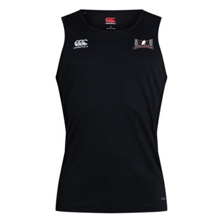 The Jacksonville Women's Rugby Club Dry Singlet by EMB Canterbury is a black sleeveless athletic shirt featuring the CCC Club Singlet design, with a logo on the upper right chest and a manufacturer's logo on the upper left chest, enhanced by Vapodri Technology for superior moisture management.