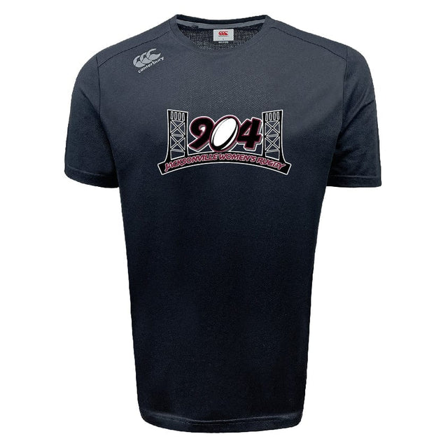 Black short-sleeve sports tee by WRS Canterbury, featuring the text "204 Winnipeg Women's Rugby" and two stylized bridges on the front. This Jacksonville Women's Rugby Tempo Vapodri T-Shirt by Canterbury incorporates VapoDri technology and has a small logo near the left shoulder.
