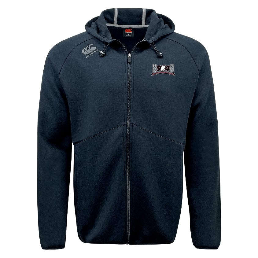 The Jacksonville Women's Rugby Tempo Vapodri Full-Zip Hoodie by EMB Canterbury is black, featuring a hood, two front pockets, and white Canterbury branding patches on the left chest and right shoulder.