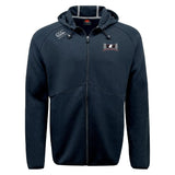 The Jacksonville Women's Rugby Tempo Vapodri Full-Zip Hoodie by EMB Canterbury is black, featuring a hood, two front pockets, and white Canterbury branding patches on the left chest and right shoulder.