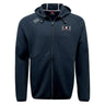 The Jacksonville Women's Rugby Tempo Vapodri Full-Zip Hoodie by EMB Canterbury is black, featuring a hood, two front pockets, and white Canterbury branding patches on the left chest and right shoulder.