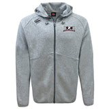 The Jacksonville Women's Rugby Tempo Vapodri Full-Zip Hoodie by Canterbury, branded with EMB Canterbury, is a light gray zip-up hooded sweatshirt featuring drawstrings, a black zipper, and VapoDri moisture-wicking technology for added comfort. It showcases the Canterbury logo on the left chest area in maroon text and emblem.