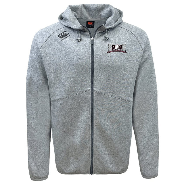 The Jacksonville Women's Rugby Tempo Vapodri Full-Zip Hoodie by Canterbury, branded with EMB Canterbury, is a light gray zip-up hooded sweatshirt featuring drawstrings, a black zipper, and VapoDri moisture-wicking technology for added comfort. It showcases the Canterbury logo on the left chest area in maroon text and emblem.