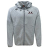 The Jacksonville Women's Rugby Tempo Vapodri Full-Zip Hoodie by Canterbury, branded with EMB Canterbury, is a light gray zip-up hooded sweatshirt featuring drawstrings, a black zipper, and VapoDri moisture-wicking technology for added comfort. It showcases the Canterbury logo on the left chest area in maroon text and emblem.