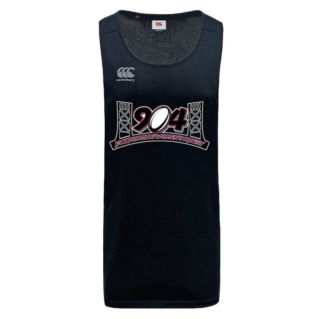 A black sleeveless Jacksonville Women's Rugby Tempo Vapodri Singlet by WRS Canterbury, featuring the "Canterbury" logo and "904 Jacksonville Women's Rugby" design on the front. Crafted with moisture-wicking fabric for quick-drying performance.