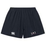 The Jacksonville Women's Rugby Yokohama Short by EMB Canterbury features a black athletic design with an elastic waistband, a Canterbury logo on the left leg, and a "92.4" emblem on the right leg, making them an ideal choice for rugby players.