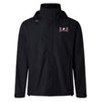 The Jacksonville Women's Rugby Elite Storm Jacket by EMB Canterbury is a black waterproof jacket with a hood, featuring a small embroidered logo on the upper left chest. Designed with Vaposhield Performance for enhanced breathability.