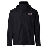The Jacksonville Women's Rugby Elite Storm Jacket by EMB Canterbury is a black waterproof jacket with a hood, featuring a small embroidered logo on the upper left chest. Designed with Vaposhield Performance for enhanced breathability.