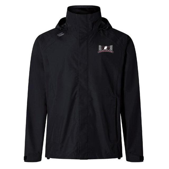 The Jacksonville Women's Rugby Elite Storm Jacket by EMB Canterbury is a black waterproof jacket with a hood, featuring a small embroidered logo on the upper left chest. Designed with Vaposhield Performance for enhanced breathability.