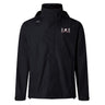 The Jacksonville Women's Rugby Elite Storm Jacket by EMB Canterbury is a black waterproof jacket with a hood, featuring a small embroidered logo on the upper left chest. Designed with Vaposhield Performance for enhanced breathability.