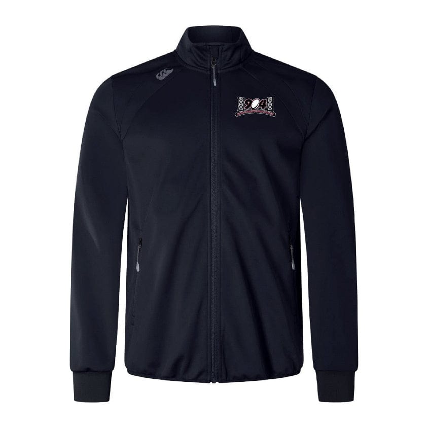 The Jacksonville Women's Rugby Elite Windstopper Jacket by Canterbury from EMB Canterbury is a black jacket featuring a small, colorful embroidered logo on the upper left chest area. With long sleeves, a high collar, and zippered side pockets, this jacket is an ideal piece of IRFU-approved sportswear.