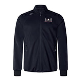 The Jacksonville Women's Rugby Elite Windstopper Jacket by Canterbury from EMB Canterbury is a black jacket featuring a small, colorful embroidered logo on the upper left chest area. With long sleeves, a high collar, and zippered side pockets, this jacket is an ideal piece of IRFU-approved sportswear.