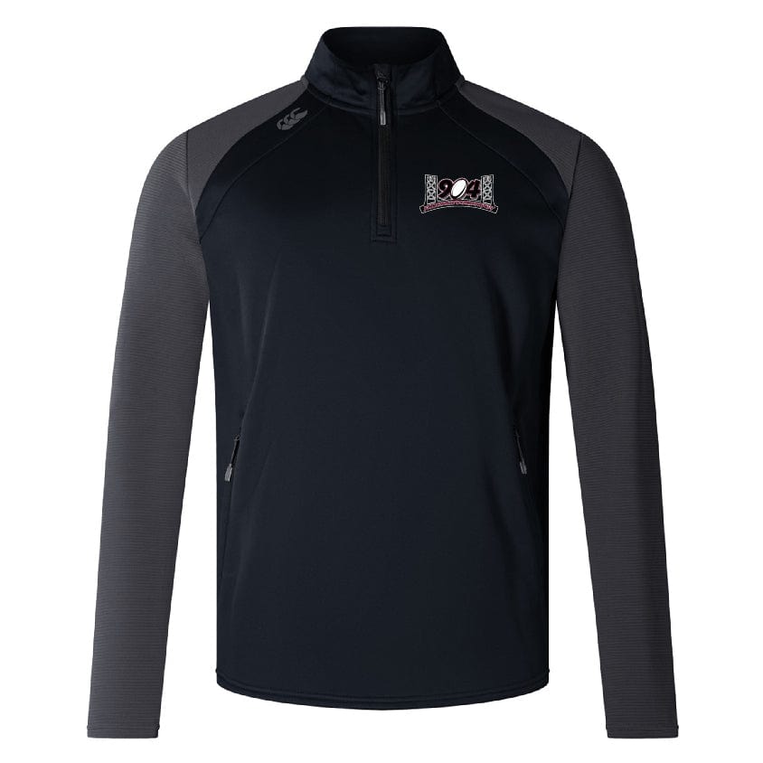 The Jacksonville Women's Rugby Elite 1/4 Zip Top by EMB Canterbury is a long-sleeve pullover jacket featuring dark gray sleeves, a black torso, and a small logo on the left chest – perfect for training attire.