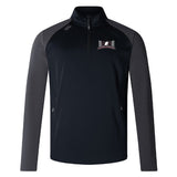 The Jacksonville Women's Rugby Elite 1/4 Zip Top by EMB Canterbury is a long-sleeve pullover jacket featuring dark gray sleeves, a black torso, and a small logo on the left chest – perfect for training attire.