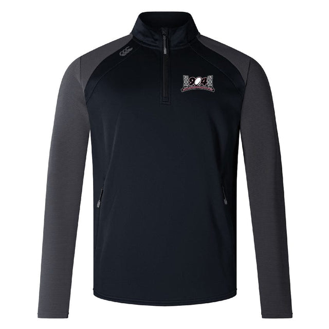 The Jacksonville Women's Rugby Elite 1/4 Zip Top by EMB Canterbury is a long-sleeve pullover jacket featuring dark gray sleeves, a black torso, and a small logo on the left chest – perfect for training attire.