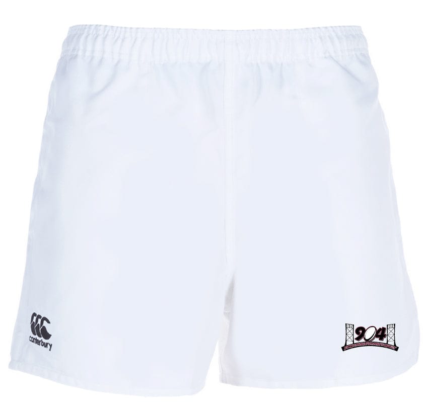 These Jacksonville Women's Rugby Advantage Short 2.0 by EMB Canterbury, featuring a black and red logo on the right leg and a black Canterbury logo on the left leg, are perfect for anyone seeking high-performance white athletic shorts.