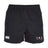 The Jacksonville Women's Rugby Professional Polyester Rugby Shorts by EMB Canterbury are black athletic rugby shorts with an elastic waistband, featuring the white Canterbury Professional logo on the left thigh and a '204' design with a patterned background on the right thigh.