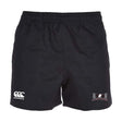 The Jacksonville Women's Rugby Professional Polyester Rugby Shorts by EMB Canterbury are black athletic rugby shorts with an elastic waistband, featuring the white Canterbury Professional logo on the left thigh and a '204' design with a patterned background on the right thigh.