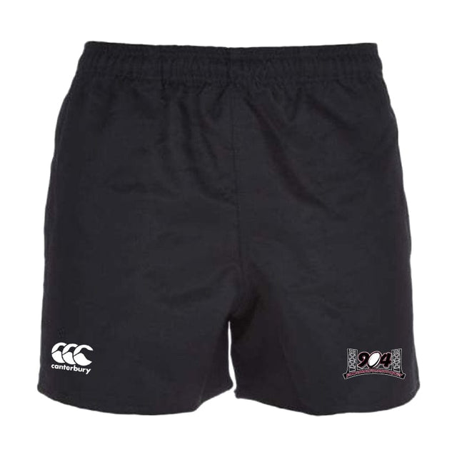 The Jacksonville Women's Rugby Professional Polyester Rugby Shorts by EMB Canterbury are black athletic rugby shorts with an elastic waistband, featuring the white Canterbury Professional logo on the left thigh and a '204' design with a patterned background on the right thigh.