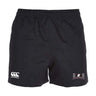 The Jacksonville Women's Rugby Professional Polyester Rugby Shorts by EMB Canterbury are black athletic rugby shorts with an elastic waistband, featuring the white Canterbury Professional logo on the left thigh and a '204' design with a patterned background on the right thigh.