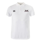 The Jacksonville Women's Rugby Waimak Polo by EMB Canterbury is a white shirt featuring two logos on the chest. The left logo depicts three overlapping "C" shapes, known as the Canterbury logo, while the right logo showcases tennis ball and net imagery. It is crafted from a comfortable Cotton Polyester blend.