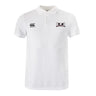 The Jacksonville Women's Rugby Waimak Polo by EMB Canterbury is a white shirt featuring two logos on the chest. The left logo depicts three overlapping "C" shapes, known as the Canterbury logo, while the right logo showcases tennis ball and net imagery. It is crafted from a comfortable Cotton Polyester blend.