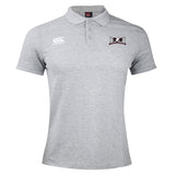 A grey Jacksonville Women's Rugby Waimak Polo by Canterbury, crafted from a comfortable cotton polyester blend, featuring two logos: one on the top left with a stylized ladder-like design and the EMB Canterbury logo on the top right with a graphic and cursive "OA" text.