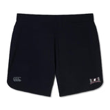 Introducing the Jacksonville Women's Rugby Women's Elite Woven Short by EMB Canterbury—black athletic shorts designed for lightweight comfort, featuring logos on the left thigh and right hem. Perfect for any training session.