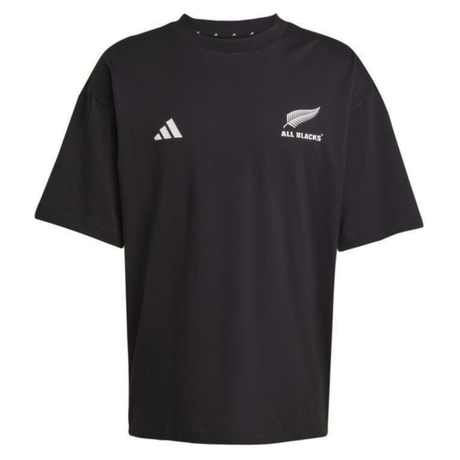 The All Blacks 25/26 Presentation T-Shirt by adidas features the iconic logo and silver fern on black—an essential piece for rugby fans.