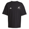 The All Blacks 25/26 Presentation T-Shirt by adidas features the iconic logo and silver fern on black—an essential piece for rugby fans.