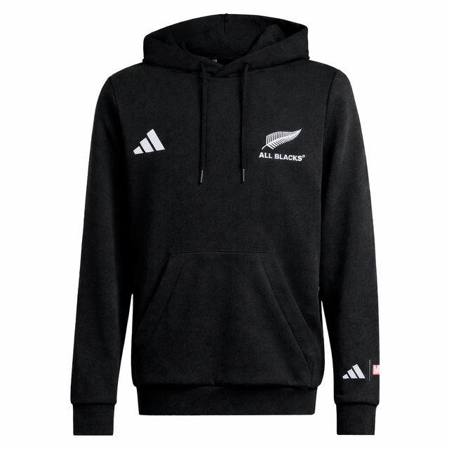 The adidas All Blacks 26/27 Marvel Hoodie is a black hoodie with a front pocket, adidas logo, and a subtle Marvel logo on the left sleeve.