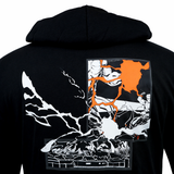 Someone wearing the adidas All Blacks 26/27 Marvel Hoodie, featuring a striking abstract graphic in white, black, and orange on the back.