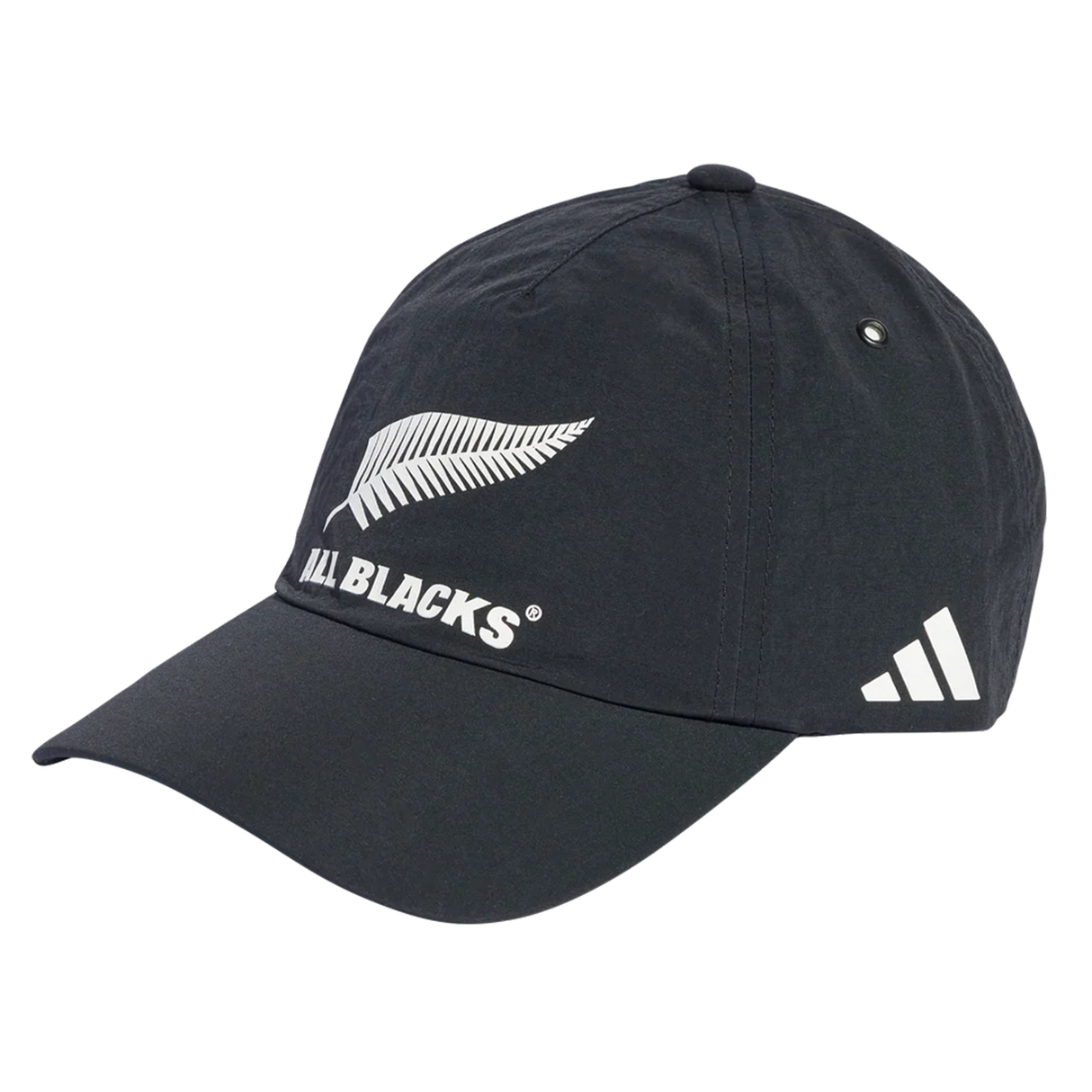 The All Blacks 25/26 Tech Baseball Cap by adidas features a bold silver fern and "ALL BLACKS" text on the front, plus adidas' signature three white diagonal stripes on the side.