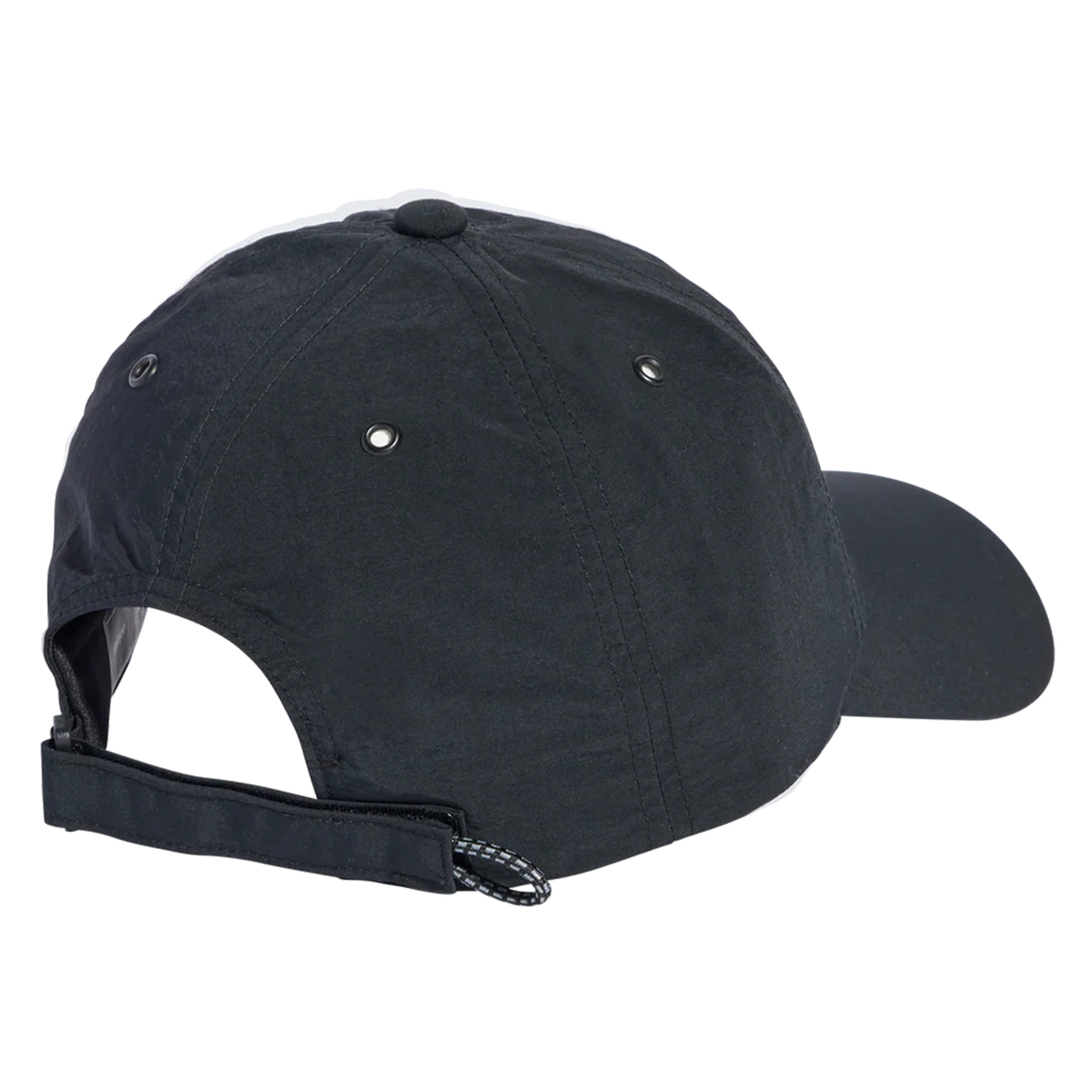 The All Blacks 25/26 Tech Baseball Cap by adidas, shown from the back, features an adjustable strap, metal eyelets, and a signature silver fern detail.