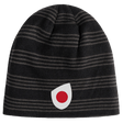 The EMB Canterbury Japan Shield Beanie sports a bold black and gray striped pattern, accented by a prominent red and white circular logo on the front.
