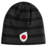 The EMB Canterbury Japan Shield Beanie sports a bold black and gray striped pattern, accented by a prominent red and white circular logo on the front.