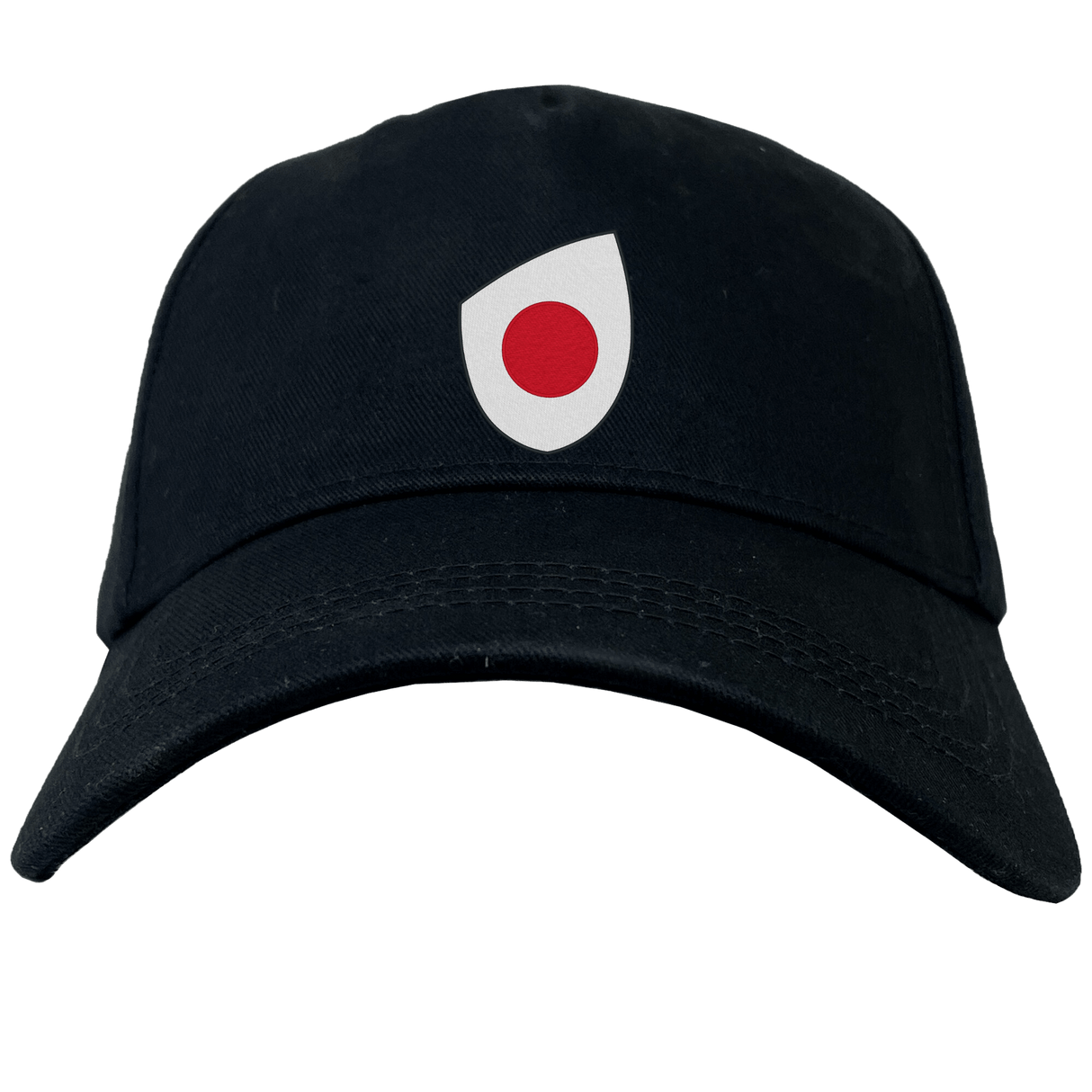 A sleek EMB Canterbury Japan Shield Flex Drill Cap in black, featuring a distinctive white and red emblem on the front.