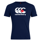 The WRS Canterbury Japan CCC Flag Club T-Shirt showcases a navy blue color with the classic white and red Canterbury logo on the front, made from a comfy cotton blend.