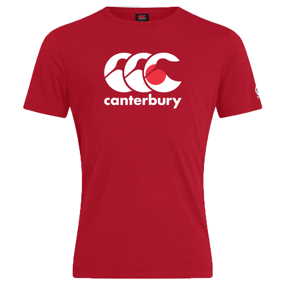 Red cotton blend WRS Canterbury T-shirt displaying a white "Canterbury" logo with three overlapping stylized C's on the chest, akin to the Canterbury Japan CCC Flag Club T-Shirt.