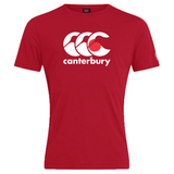 Red cotton blend WRS Canterbury T-shirt displaying a white "Canterbury" logo with three overlapping stylized C's on the chest, akin to the Canterbury Japan CCC Flag Club T-Shirt.