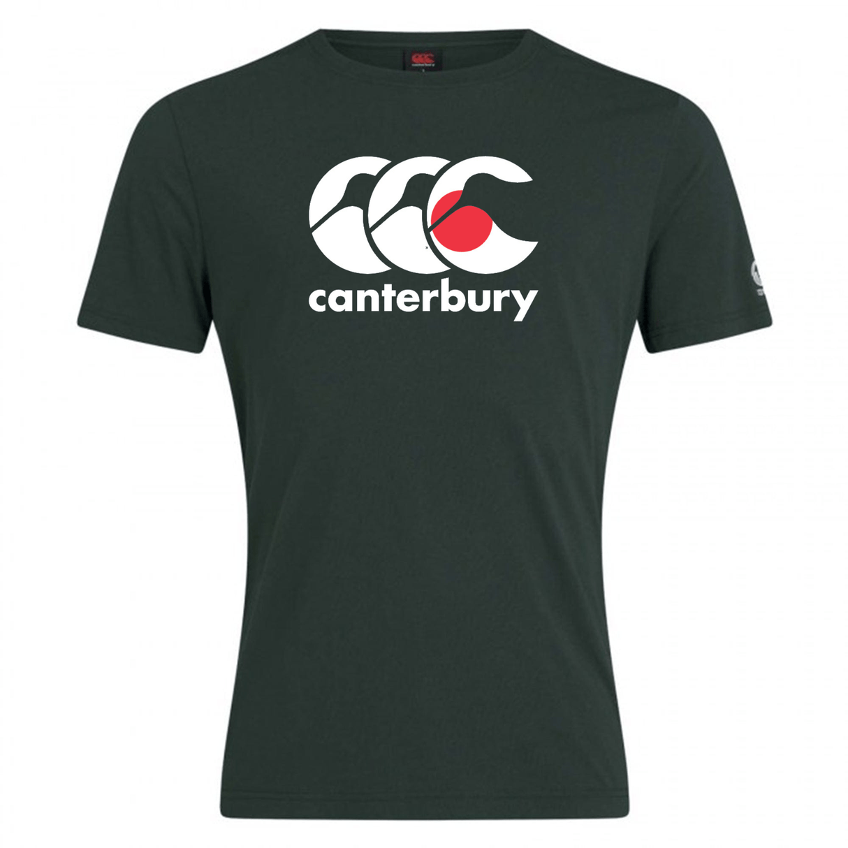 The WRS Canterbury Japan CCC Flag Club T-Shirt boasts a dark green color with a white and red Canterbury logo on the front. Made from a soft cotton blend, it offers both comfort and style.