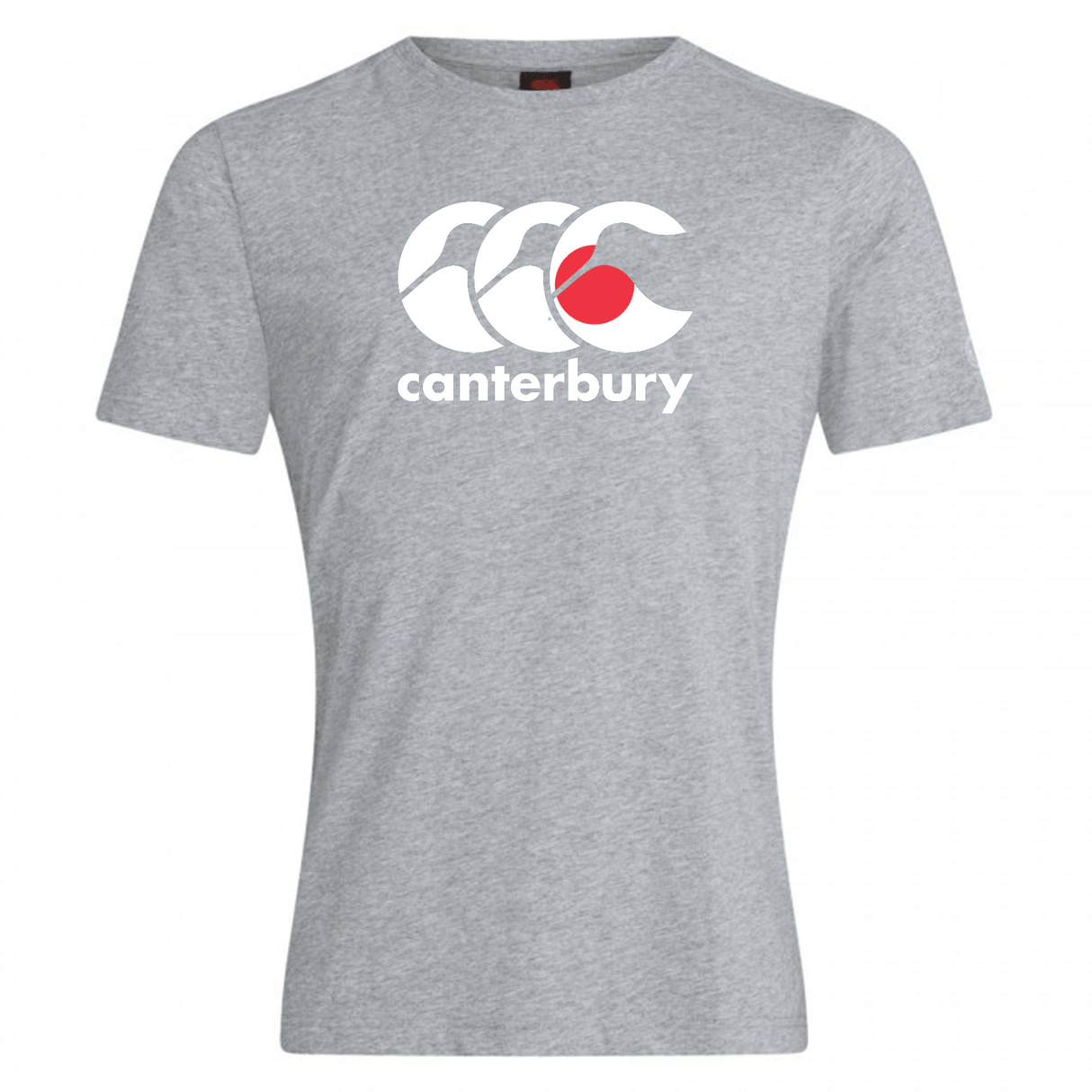 The Canterbury Japan CCC Flag Club T-Shirt by WRS Canterbury is a cotton-rich gray tee featuring the Kiwi logo with three stylized letter C's and a red dot.