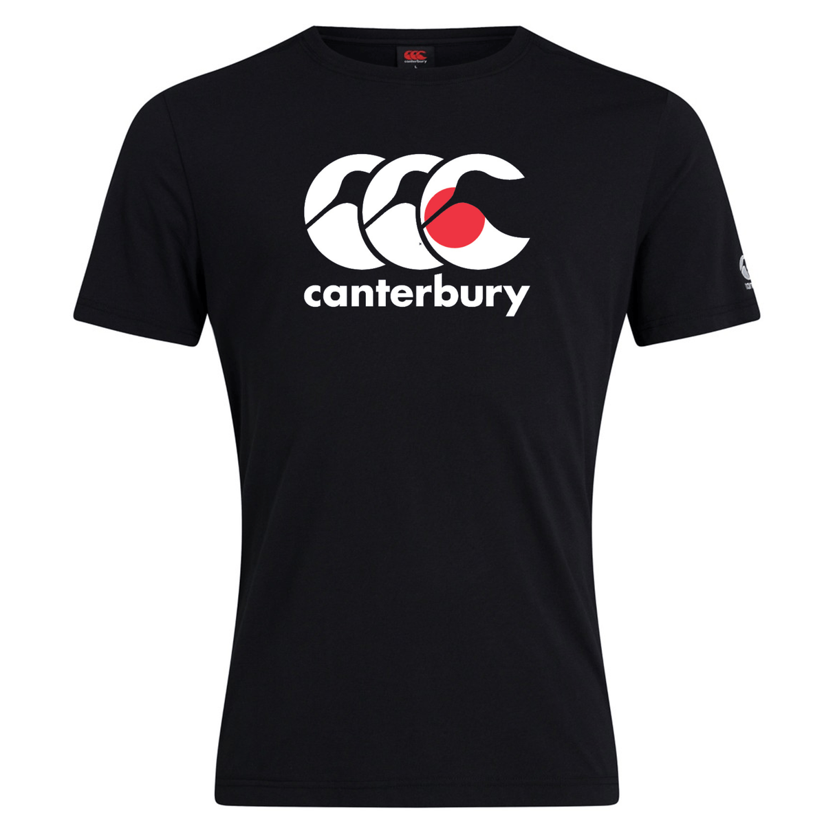 A black cotton blend T-shirt by WRS Canterbury, featuring the "Canterbury" logo with three white C's and a red circle on the chest, embodies the classic style of the Canterbury Japan CCC Flag Club T-Shirt.