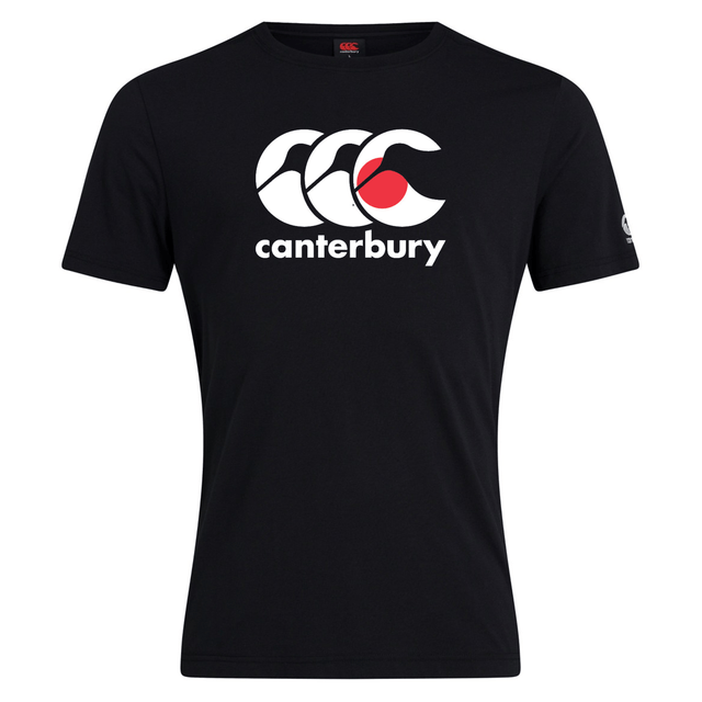 A black cotton blend T-shirt by WRS Canterbury, featuring the "Canterbury" logo with three white C's and a red circle on the chest, embodies the classic style of the Canterbury Japan CCC Flag Club T-Shirt.