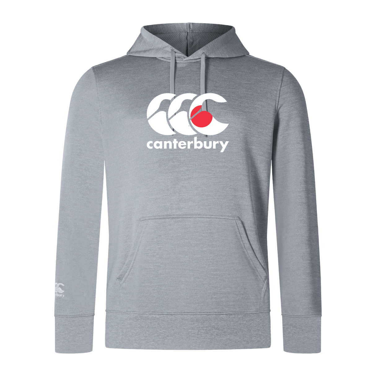 The Canterbury Japan CCC Club Lightweight Hoodie by WRS Canterbury is a gray hoodie made of lightweight polyester, featuring a white and red logo on the chest and a kangaroo pocket.